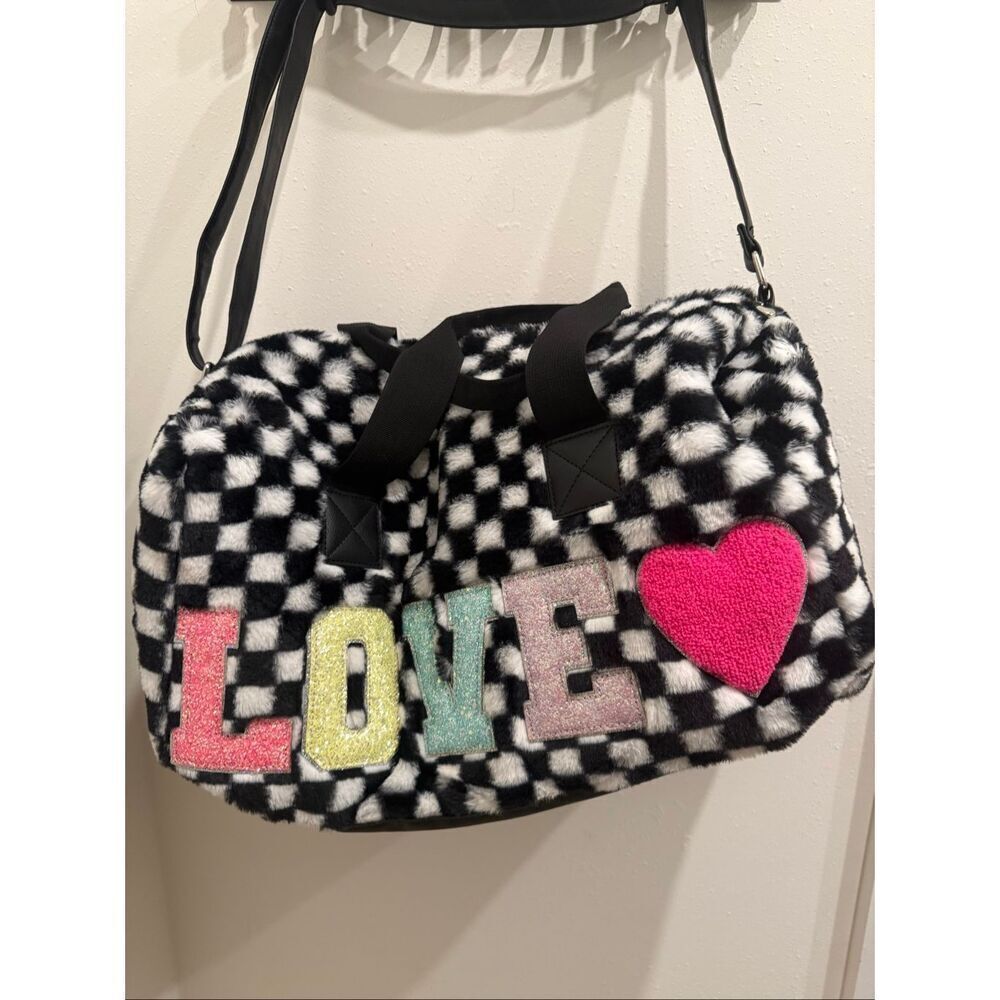 Love Plush Womens Checkerboard "LOVE" Print Sparkle Duffle Dance Bag Black White